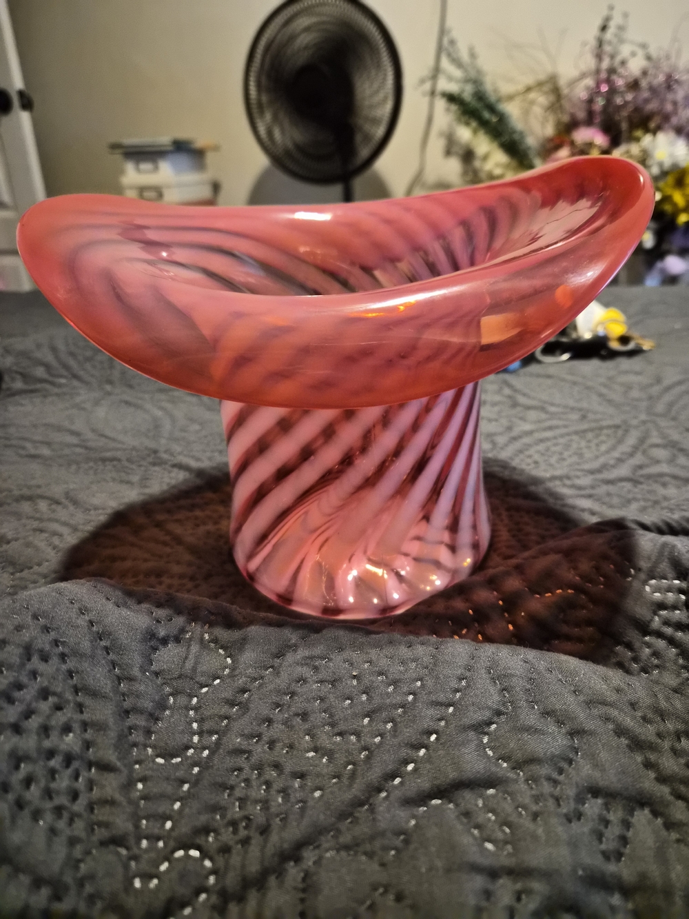 Vintage Signed Pink Slag Glass Hat Vase 7x7 Ribbed Swirl Mid Century Decor